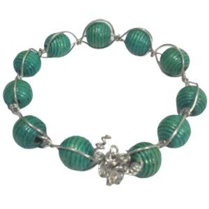 Handcrafted 8" Teal Green Wood Beaded Boho Wire Wrapped Bangle Bracelet